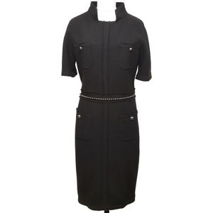 CHANEL Black Dress Short Sleeve Pearls Gunmetal Belt Chain CC Mock Neck 40